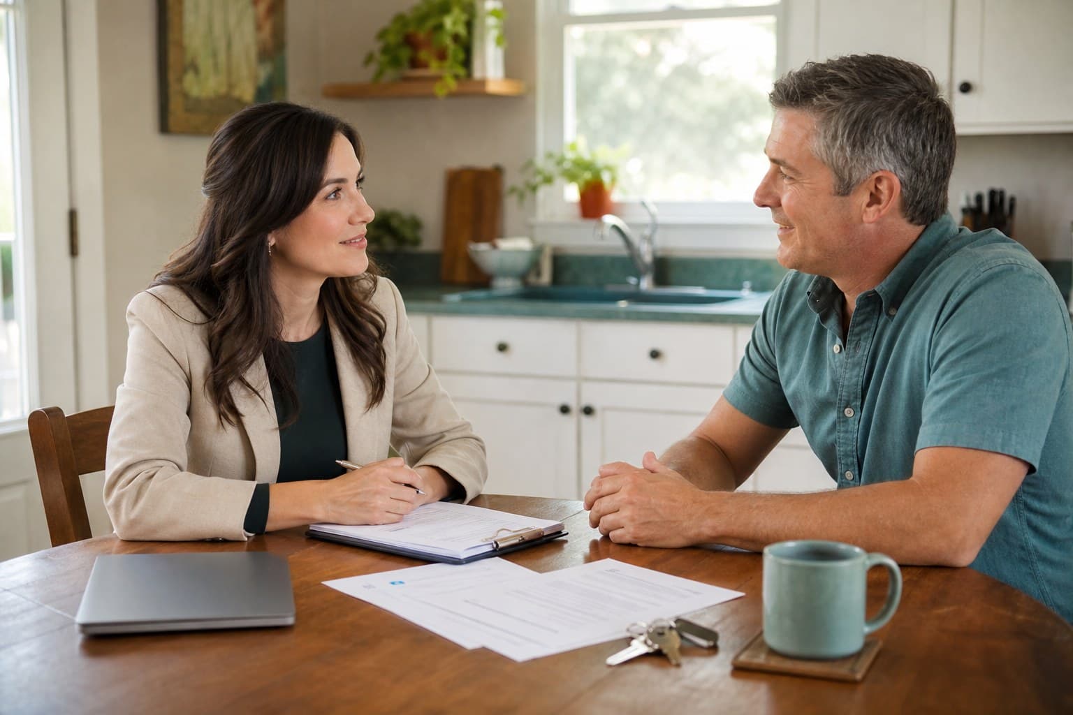 Respectful as-is home sale conversation Friendly agent talking with a homeowner at a kitchen table