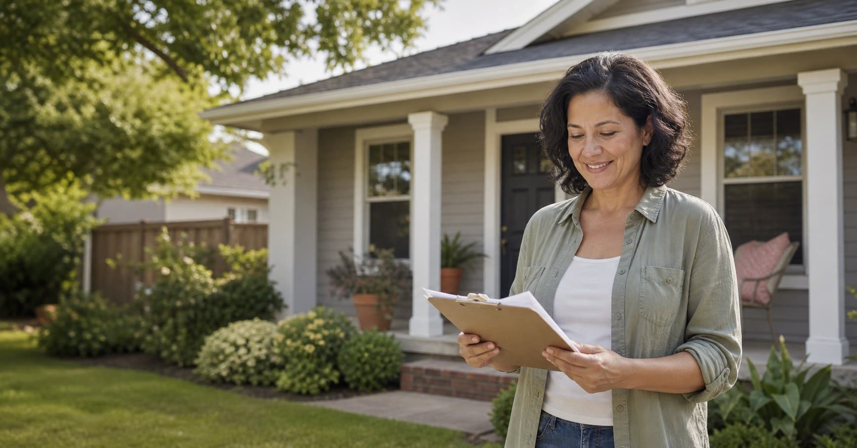 Simple as-is home sale options Homeowner smiling while reviewing simple as-is home sale options